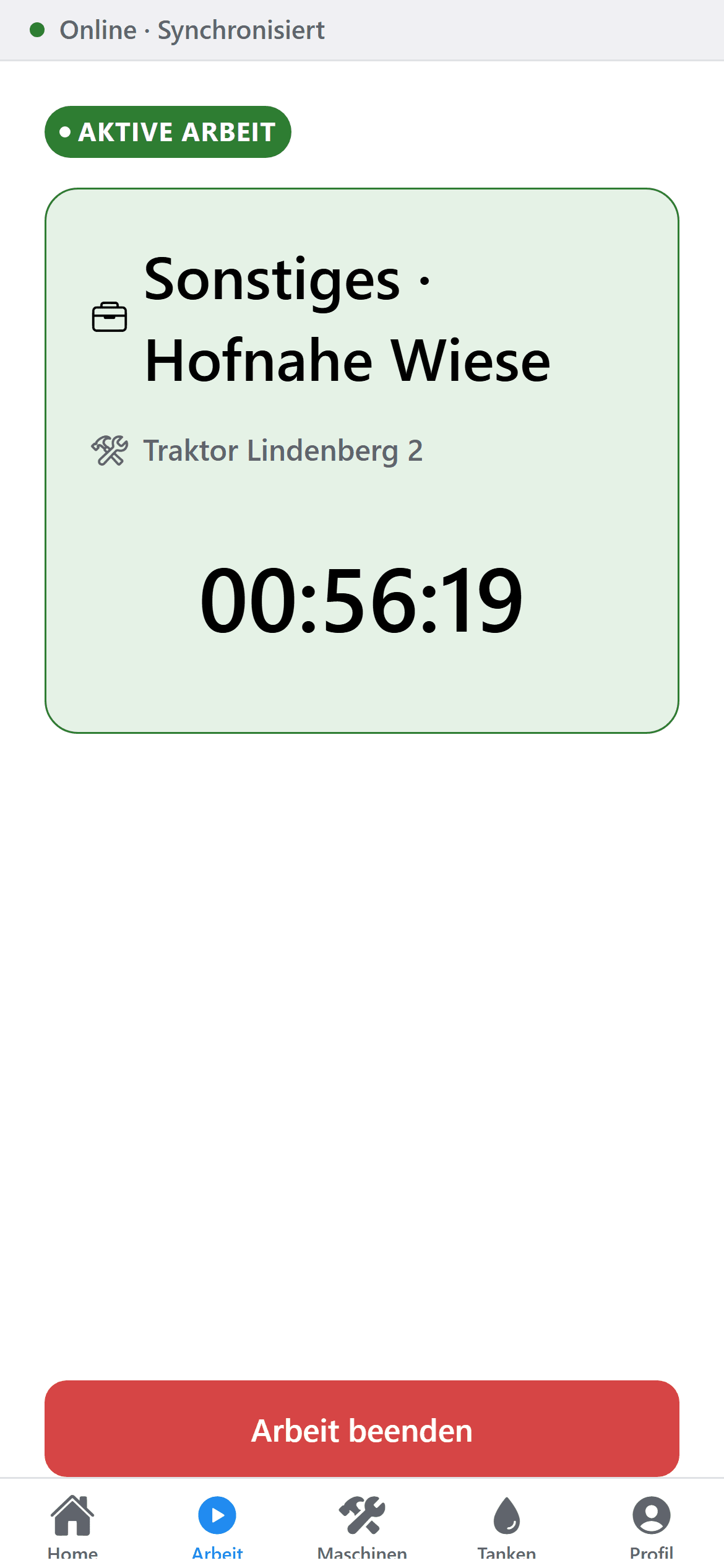 AgrarOps Mobile: laufende Arbeitssitzung mit Live-Timer